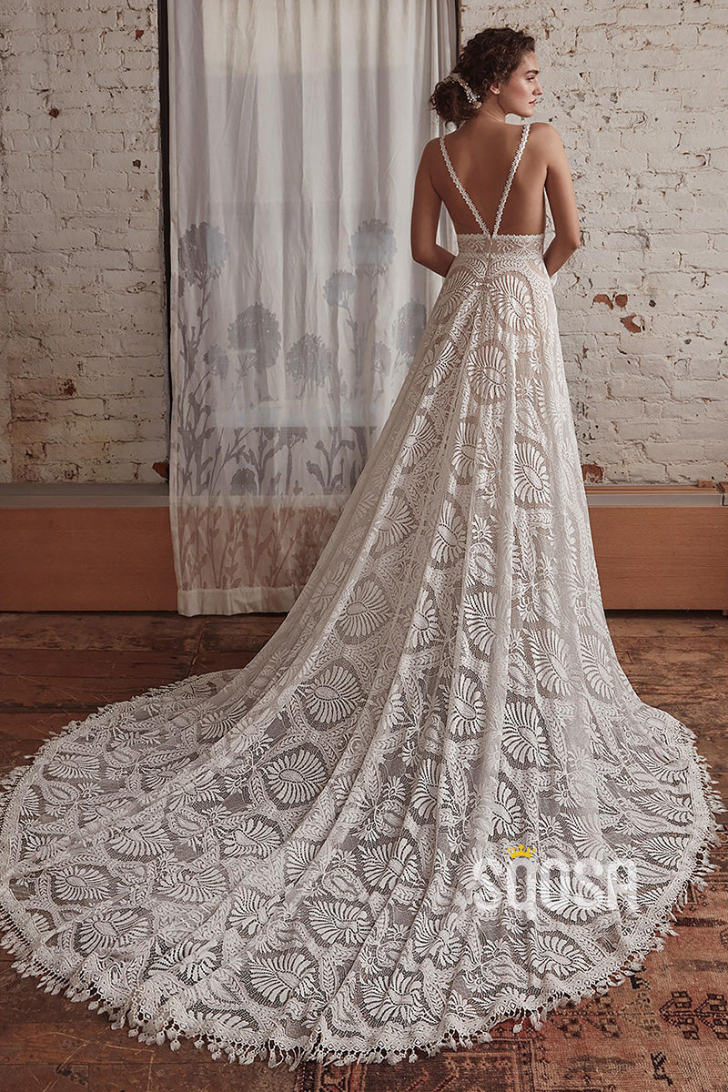 A Line Stunning Spaghetti Straps Lace Beach Wedding Dress Bridal Gown –  cathyprom